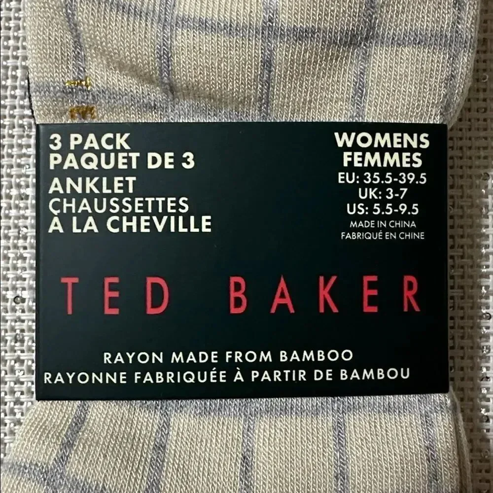 Ted Baker Gray Beige Plaid Black White Dress Crew Cut Bamboo Blend Socks 3 pack